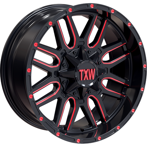 20x9 TXW Off-Road Wheel T-007 Gloss Black Windows Red Milling Red Rivets
